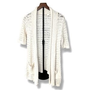 Anthropologie Moth‎ Draped Short Sleeve Cardigan Sz M White Longline Open Front